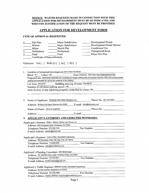 First page of the Application For Development