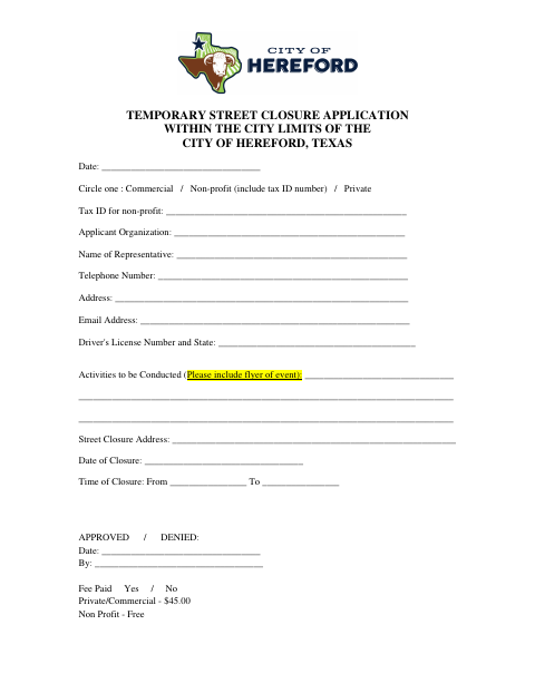First page of the Temporary Street Closure Application