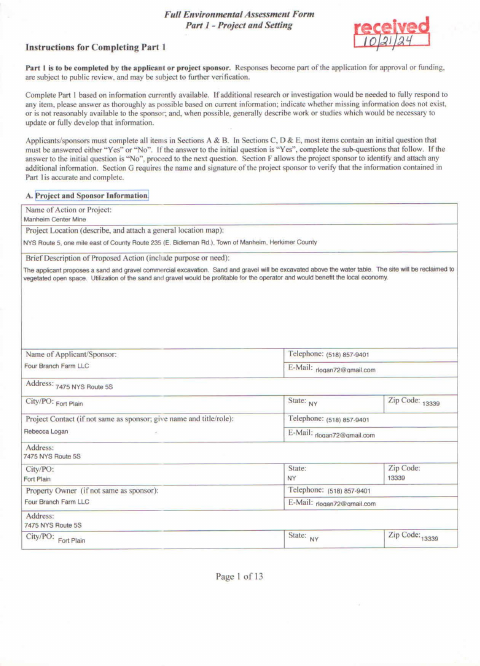 First page of the Full Environmental Assessment Form Part I