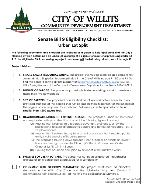 First page of the SB 9 Urban Lot Split Eligibility Checklist