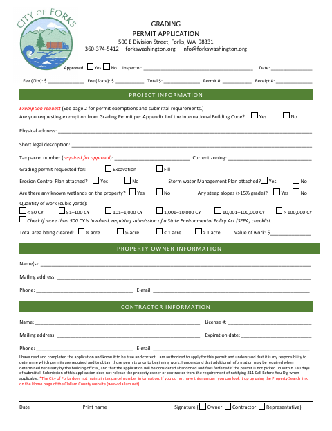 First page of the Grading Permit Application