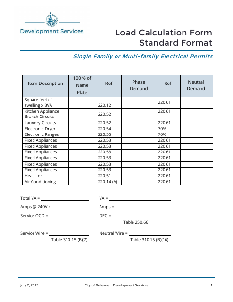 First page of the Load Calculation Form Standard Format