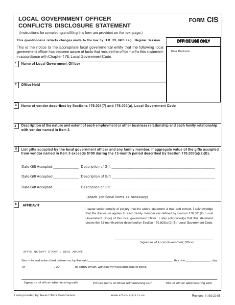 First page of the Local Government Officer Conflicts Disclosure Statement