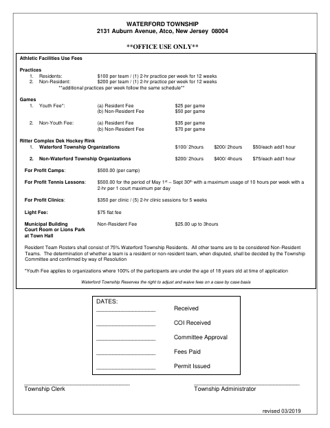 First page of the Athletic Field and Facility Usage Request Application