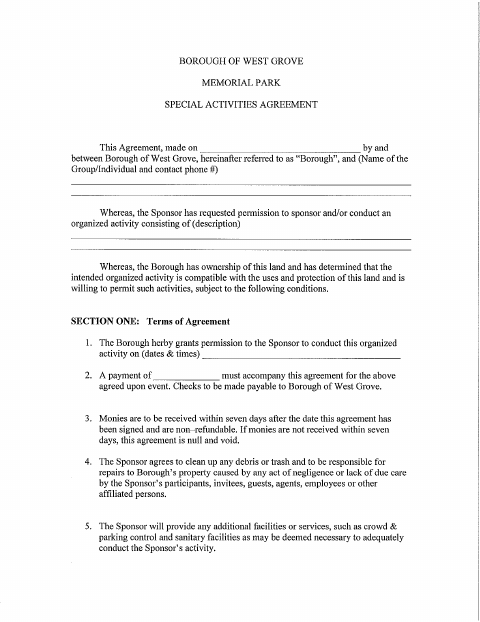 First page of the Memorial Park Reservation Agreement