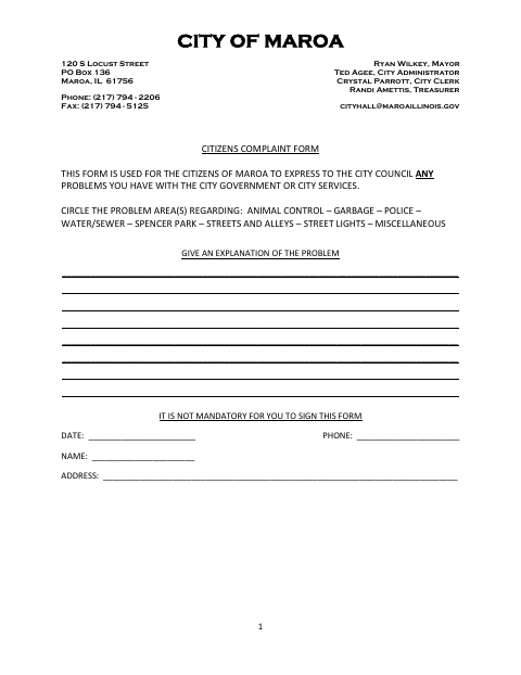 First page of the Citizens Complaint Form