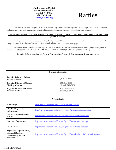 First page of the Games of Chance Raffle Application Packet
