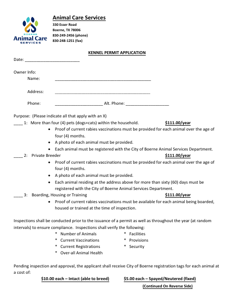 First page of the Kennel Permit Application