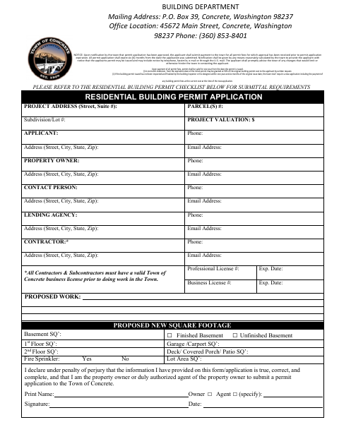 First page of the Residential Building Permit Application