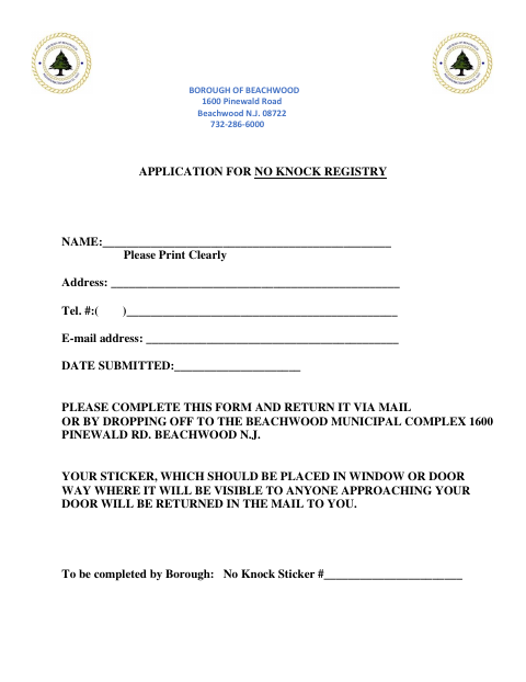 First page of the Application for No Knock Registry