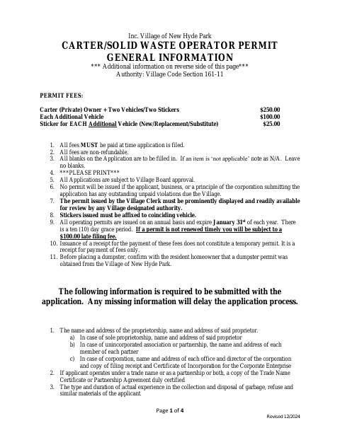 First page of the Carter/Solid Waste Operator Permit Application