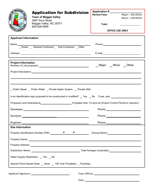 First page of the Application for Subdivision