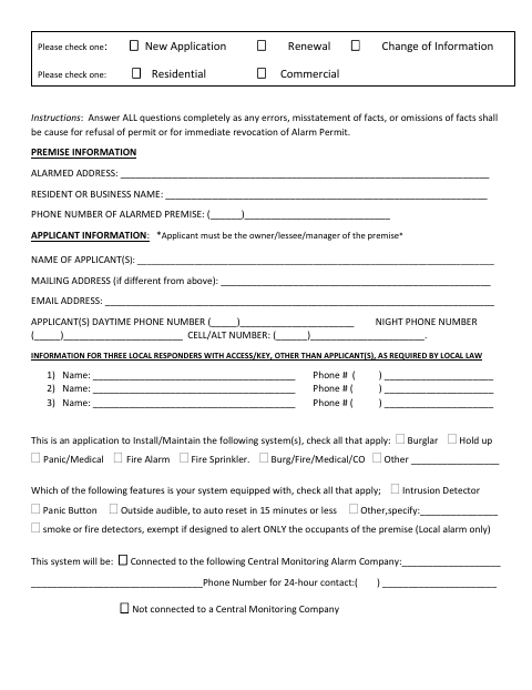 First page of the Alarm Permit Application