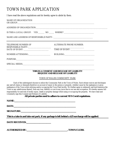 First page of the Town Park Application