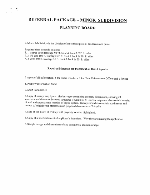 First page of the Minor Subdivision Application