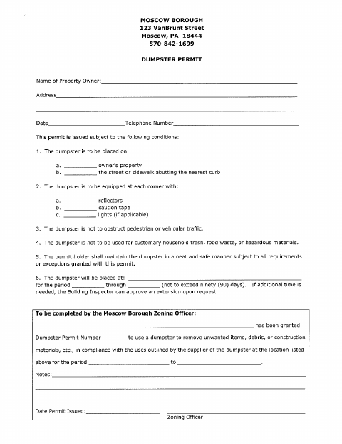 First page of the Dumpster Permit