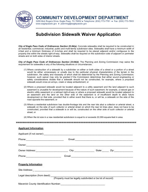 First page of the Subdivision Sidewalk Waiver Application