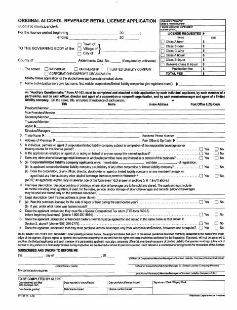First page of the Original Alcohol Beverage Retail License Application