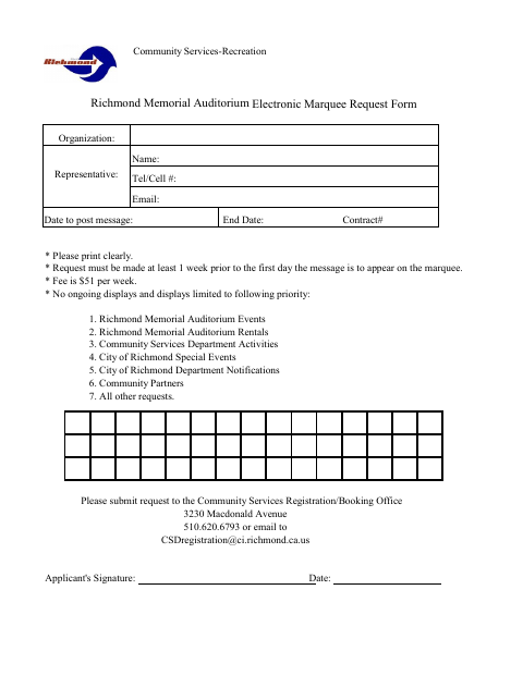 First page of the Electronic Marquee Request Form