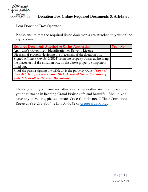 First page of the Donation Box Required Documents and Affidavit