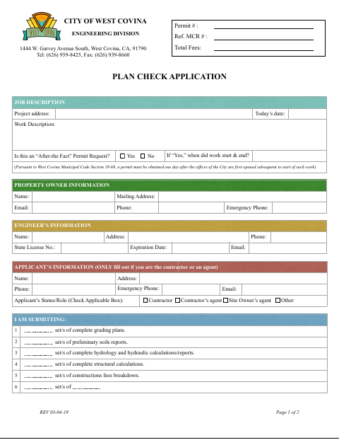 First page of the Plan Check Application