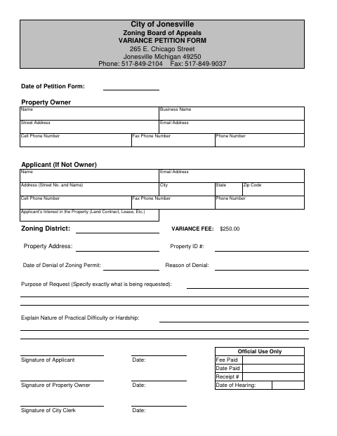 First page of the Variance Petition Form
