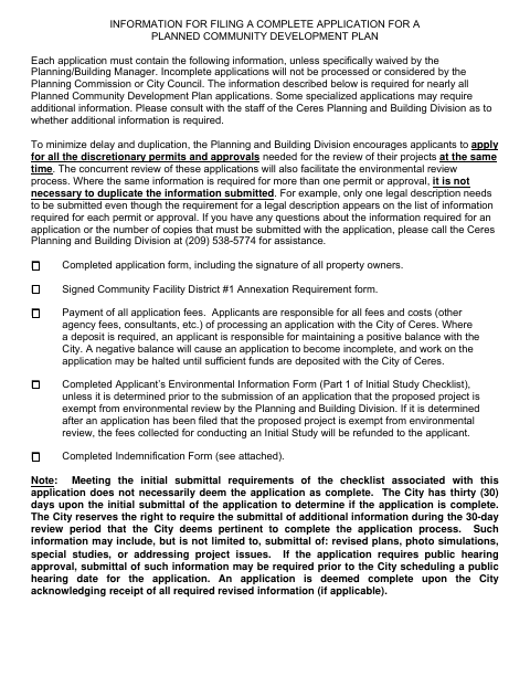 First page of the Planned Community Development Plan Application