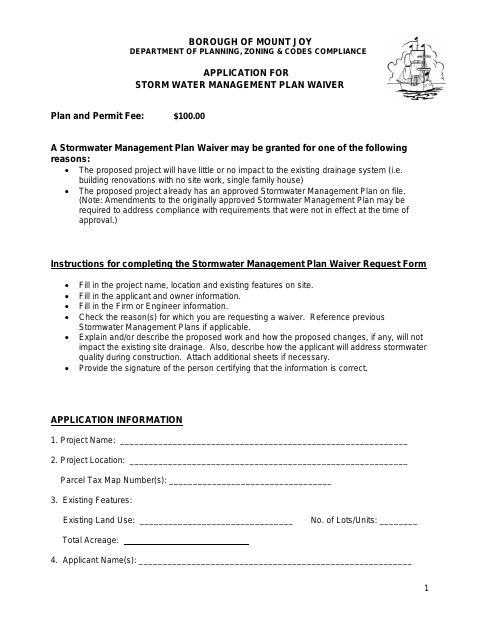 First page of the Application for Storm Water Management Plan Waiver