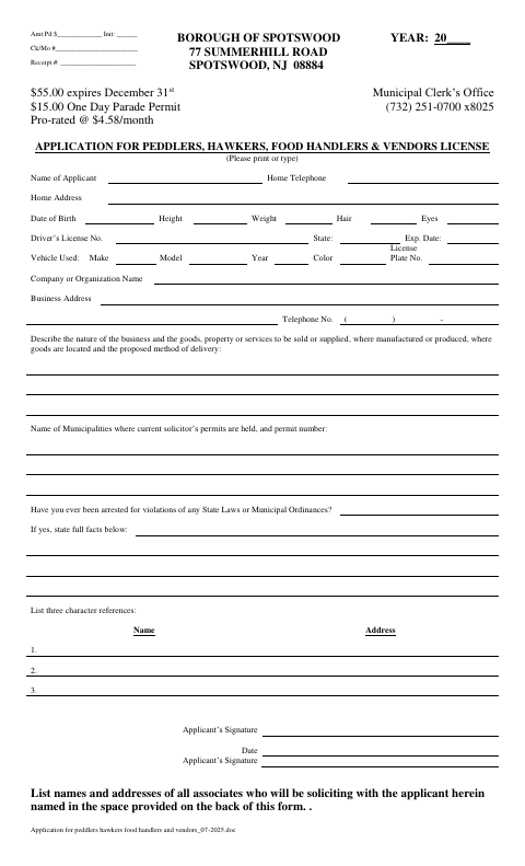 First page of the Peddlers, Hawkers, Food Handlers & Vendors License Application