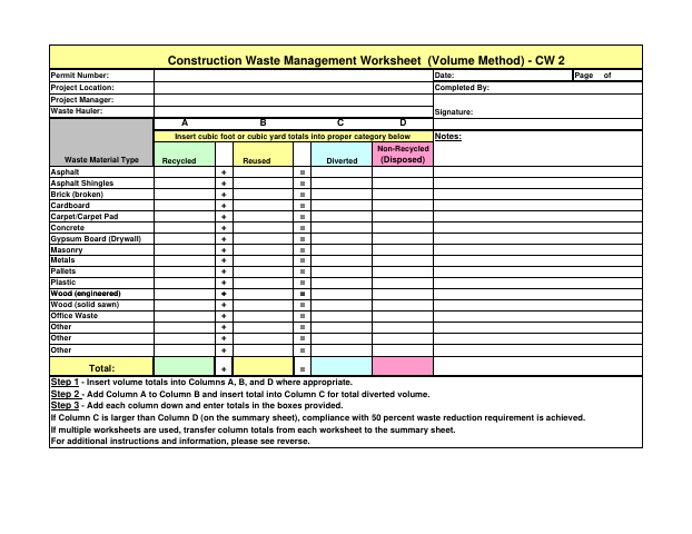 First page of the Construction Waste Management Worksheet (Volume Method) – CW 2
