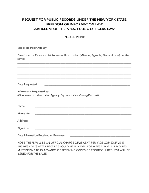 First page of the Request for Public Records Under the Freedom of Information Law