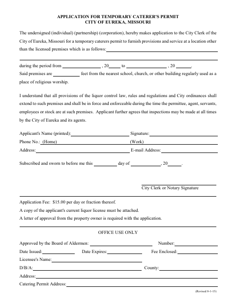 First page of the Temporary Caterer's Permit Application