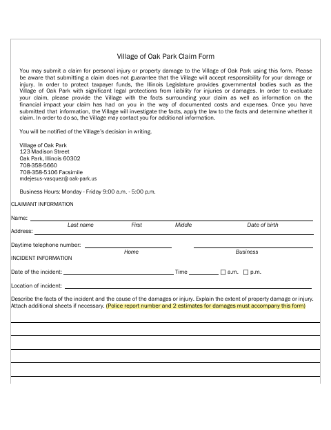 First page of the Village of Oak Park Claim Form