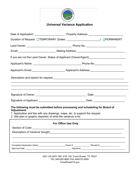 First page of the Universal Variance Application