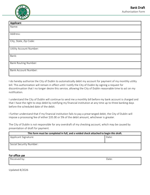 First page of the Bank Draft Authorization Form