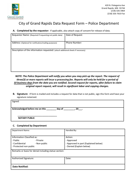 First page of the Police Department Data Request Form