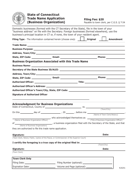 First page of the Business Trade Name Application