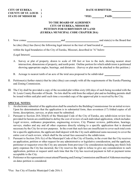 First page of the Petition for Subdivision of Land