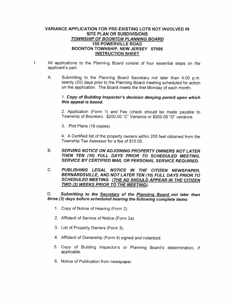 First page of the Variance Application for Pre-Existing Lots