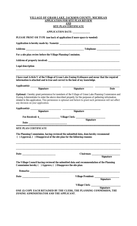 First page of the Site Plan Review Application