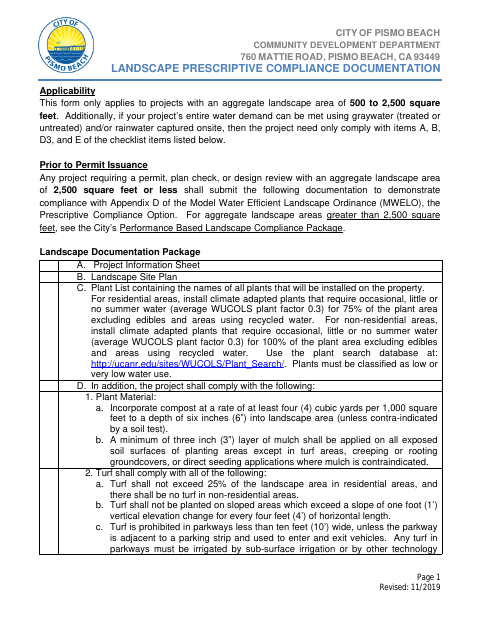 First page of the Landscape Prescriptive Compliance Documentation