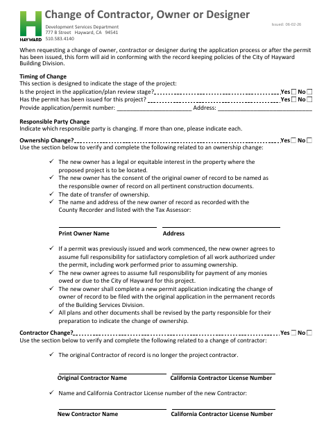 First page of the Change of Contractor, Owner or Designer