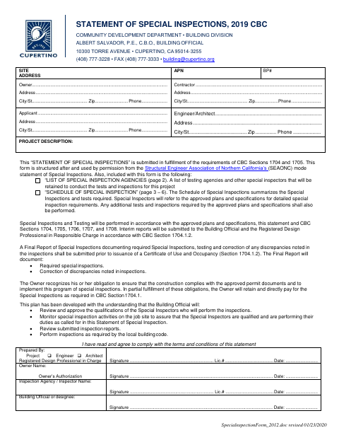 First page of the Statement of Special Inspections, 2019 CBC