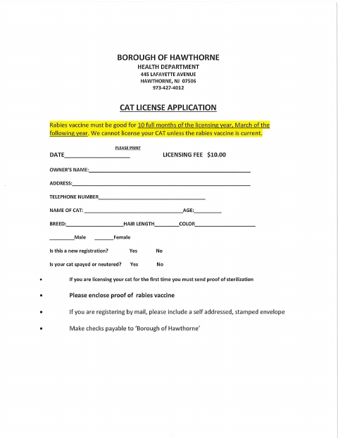 First page of the Cat License Application