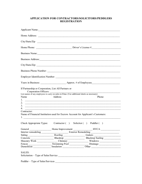 First page of the Contractor, Solicitor, and Peddler Registration Application