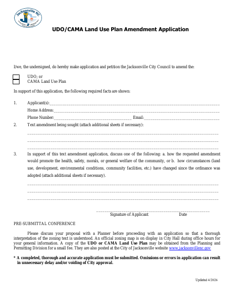 First page of the UDO/CAMA Land Use Plan Amendment Application