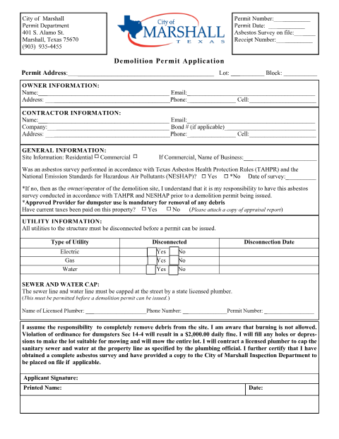 First page of the Demolition Permit Application