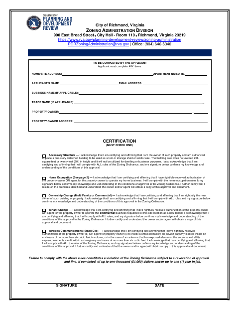 First page of the Owner Zoning Affidavit
