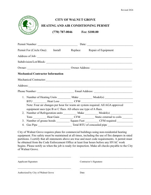 First page of the Heating and Air Conditioning Permit