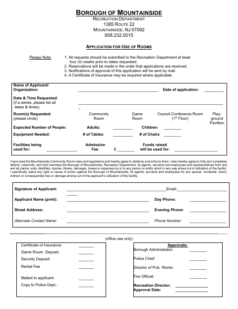 First page of the Application for Use of Rooms